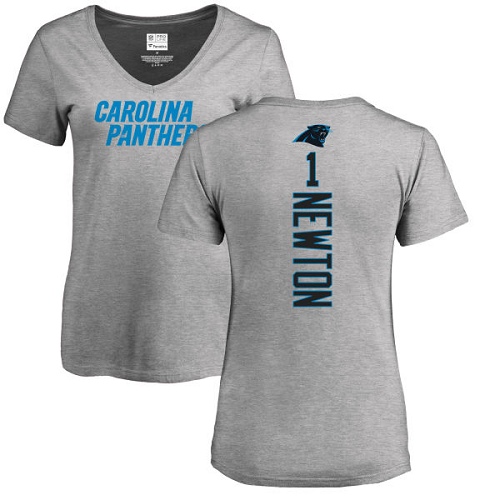 Carolina Panthers Ash Women Cam Newton Backer V-Neck NFL Football #1 T Shirt